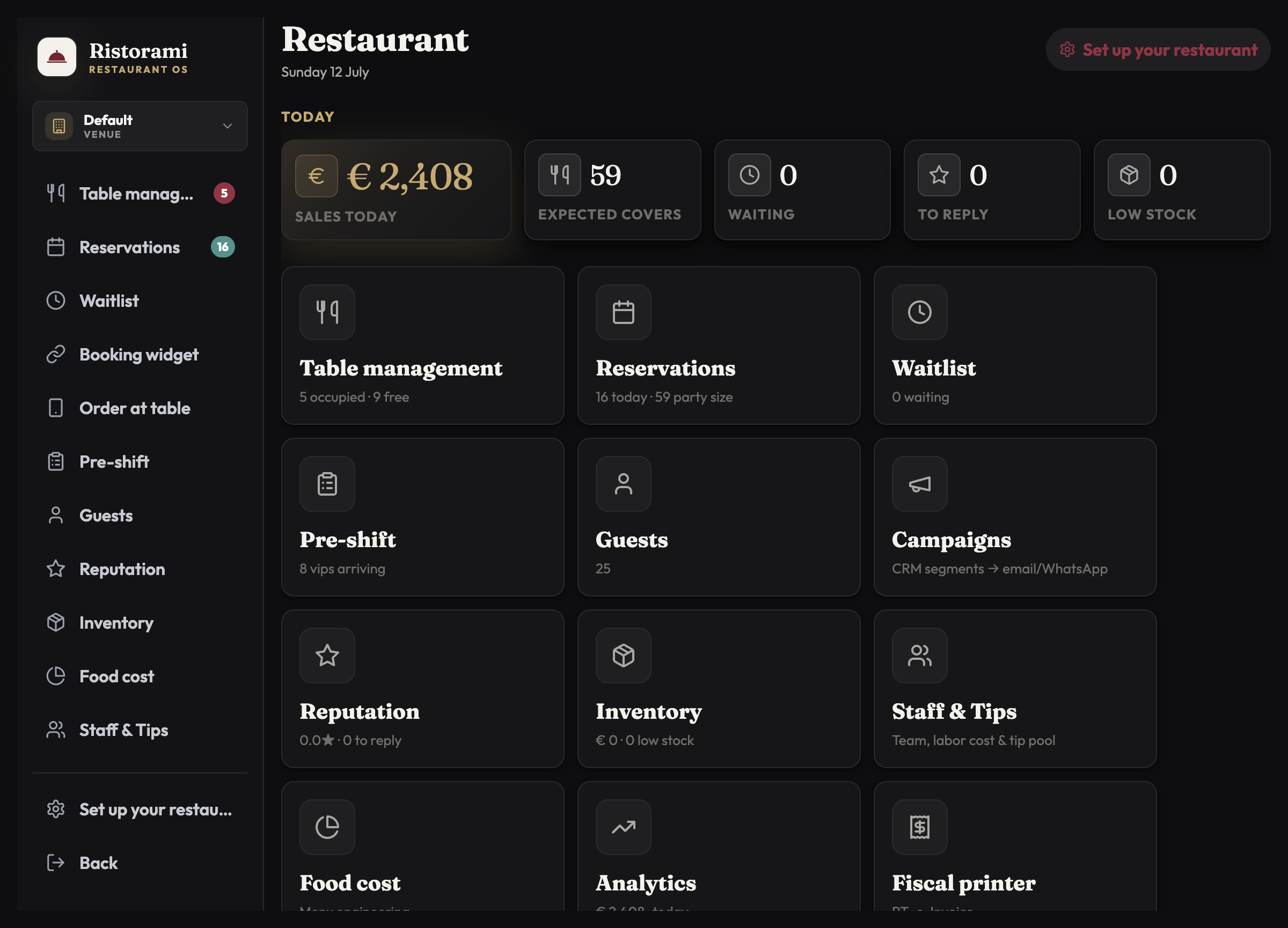 Ristorami dashboard