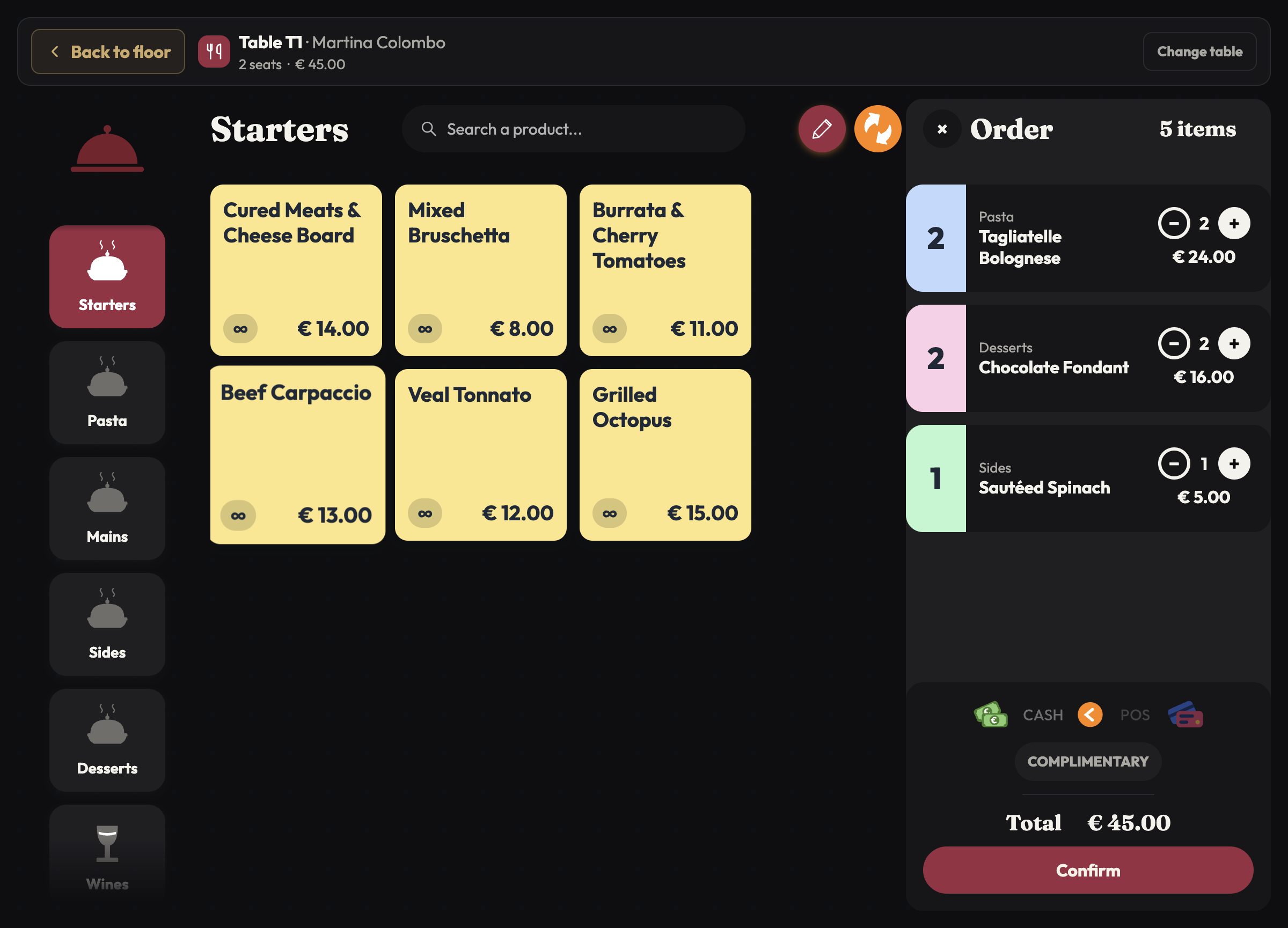 Ristorami table order — add products to the tab